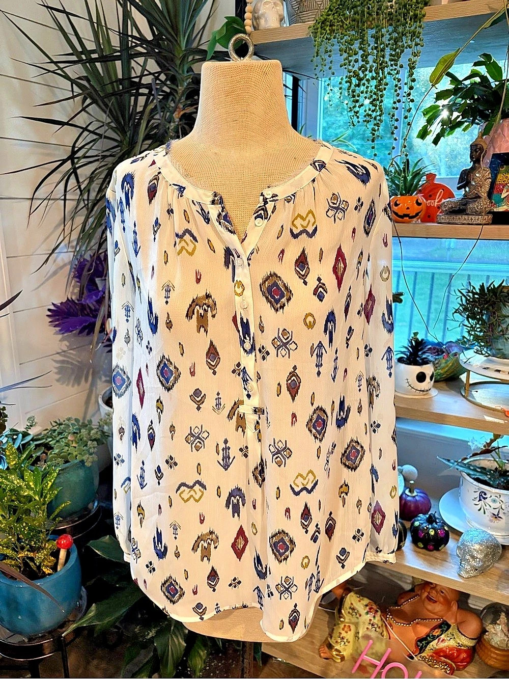 Lucky Brand Geometric Blouse in Cream Size Small
